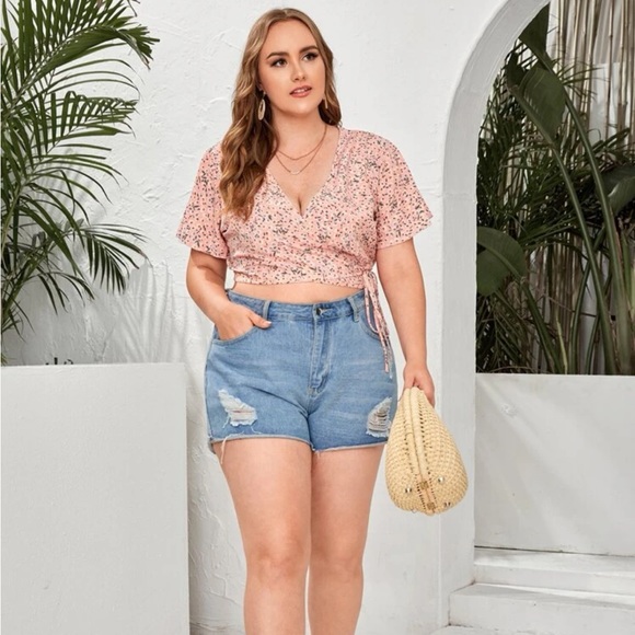 Pink Ditsy Floral Print Self-Tie Wrap Crop Top - Picture 12 of 12